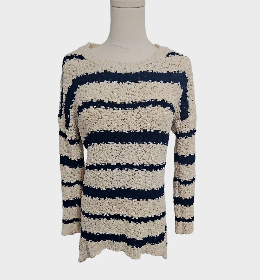 Charlotte Russe Sweater High Low Hem 3/4 Sleeve Striped Blue Cream Large